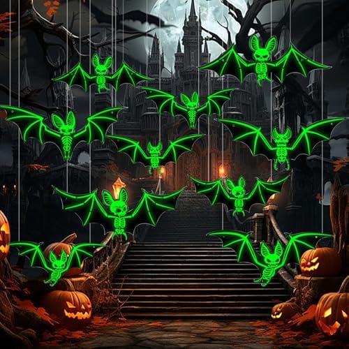 Saituo Home 10 stycken Halloween-fladdermus, Halloween-dekoration, 5 stilar lysande realistisk fladdermusdekoration för gräsmatta, veranda, vägg, inomhus, skrämmande, hängande