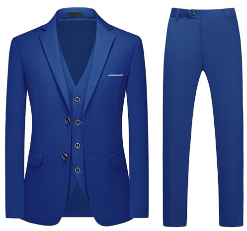MODFUL Traje de 3 piezas para hombre, ajuste delgado, dos botones, formal, esmoquin, americana, chaleco, pantalones, conjunto de boda, azul real, L