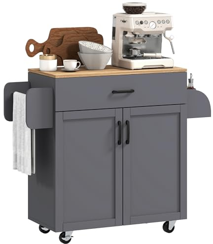 HOMCOM Isla de Cocina con Ruedas, Carrito de Cocina con Cajón, 2 Puertas, Toallero y Especiero, Estante Ajustable, para Comedor, 105x36x85 cm, Gris