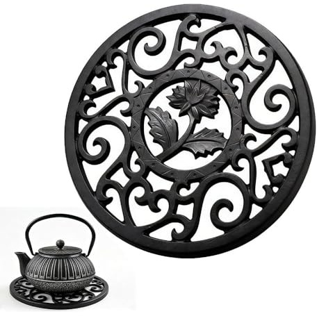 Vmoomax Sottopentola rotondo in ghisa da 11,5 cm, in metallo intagliato vintage, resistente al calore, con piedini rialzati, sottobicchiere in ferro battuto per pentole calde, padelle, teiere e tavolo