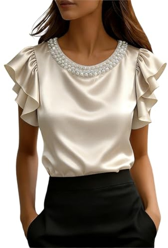 Blusa da donna in raso a maniche corte, elegante, girocollo, con doppia decorazione a volant, estiva, bluse tunica, casual, business, top scollato, camicie da lavoro, T-shirt S-XXL, oro rosa, M