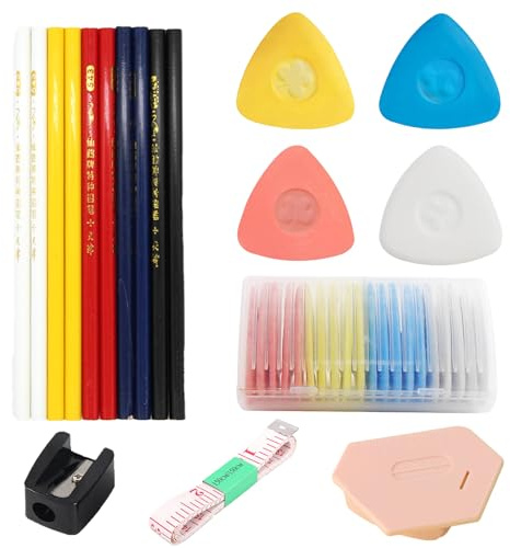 Tailor's Chalk Set, 28 Pieces Sewing Accessories, Triangle Chalk/Sewing Pencil with 2 Pencil Sharpeners/Soft Tape Measure/ Magnetic Seam Guide, für Markieren Von Diversen Stoffen, Ledern, Nähmarker