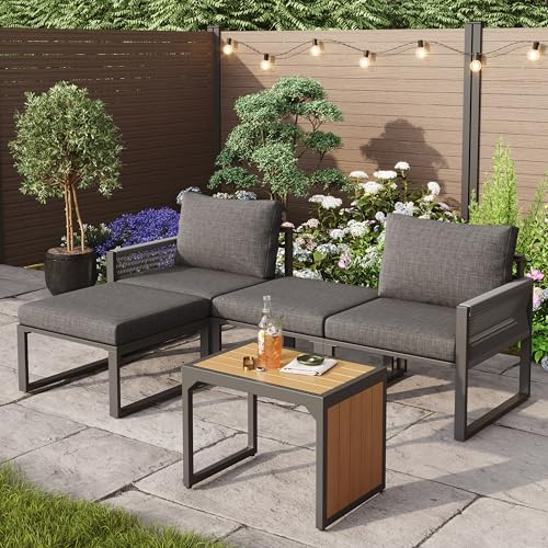 BTM Garden Furniture Set with Modular Corner Sofa and Convertible Side Table Outdoor Patio Conversation Set, Linen, Grey