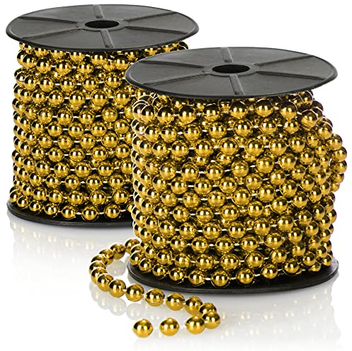 com-four® 2X Perlengirlande für den Weihnachtsbaum - Christbaumschmuck Perlenband - Weihnachtsdekoration - Hochzeitsdekoration - goldfarben 20 m