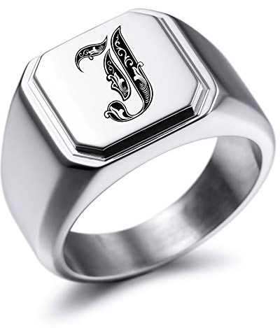 MeMeDIY Personalisierte Gravur Monogramm-Buchstaben-Signet-Ring für Männer Frauen Mädchen Jungen Edelstahl-Hochzeitsringen Benutzerdefiniert Schmuck Bündel mit Ringgrößeneinstellern (Silber)