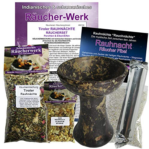 RAUHNÄCHTE Räucherwerk 8-TLG Set Tiroler RAUHNACHT + RÄUCHERKELCH, WEIHRAUCH, MYRRHE, Anleitung, Räucherkohle, Zubehör, Täschchen 95740-KB