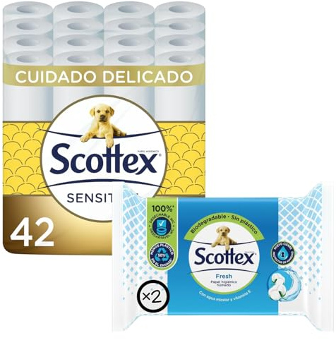 Scottex Papel Higiénico Sensitive 42 Rollos + Higiénico Húmedo Fresh 2 paquetes (148 servicios)