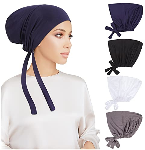 PHOGARY 4 Pcs Women Hijab Undercap, Islamic Muslim Under Hijab Cap Inner Under Scarf Hat with Tie Back Closure Solid Color Underscarf Hijabcap Turban Head Wraps for Women Chemo Sleep Cap