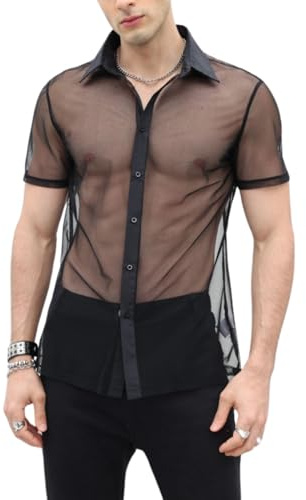 Verdusa Men's Sheer Mesh Button Up Shirt See Through Short Sleeve Top Black L