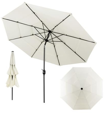 COSTWAY Ombrellone da Giardino 293 cm a 3 Livelli, Ombrellone da Esterno con Doppia Ventilazione, Inclinazione Regolabile, con Manovella 8 Stecche, per Spiaggia Giardino Piscina (Beige)