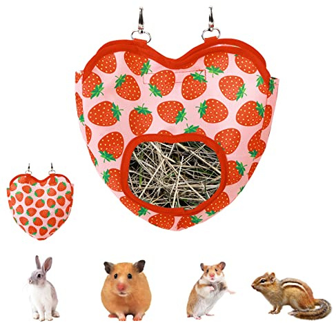 Rabbit Hay Feeder, Guinea Pig Hay Rack Manger Holder, Hanging Feeding Storage Made of Oxford Cloth For Rabbits, Guinea Pigs, Ferrets and Other Small Animals (Strawberry)