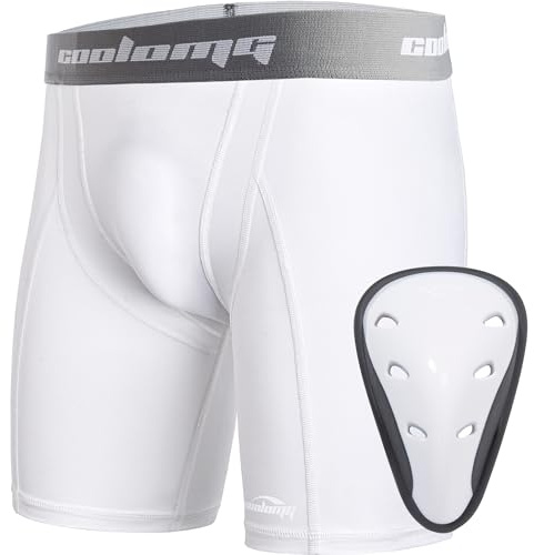 COOLOMG Youth Boys Cup Shorts Compression Shorts with Athletic Protective Groin Cup Underwear for Baseball Football MMA White L