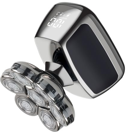 Qhecomce Rasoio Testa Calva, Rasoio Elettrico Barba 6 in 1 Impermeabile con 7 Testine Rotanti, Rasoio per Testa Bagnato e Asciutto, LED Display e ricarica wireless