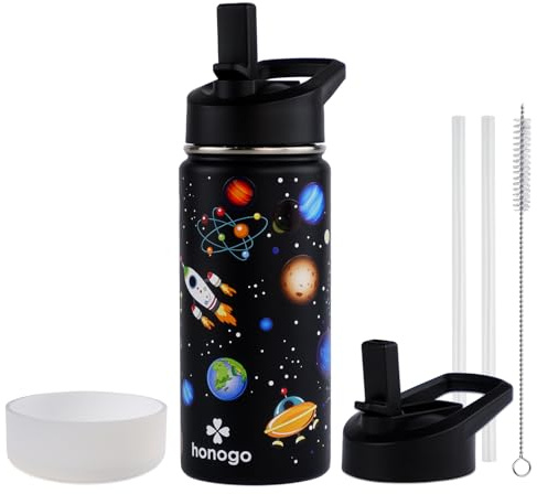 honogo 16 oz Stainless Steel Insulated Kids Water Bottle, Leak Proof Metal Thermal Flask with Straw lid, Cute Toddler Tumbler Cup for School Girls & Boys (Black, Space)