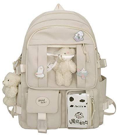 Jywmsc Zaino Scolastico Kawaii per Ragazze e Donne Zaino Estetico Carino con Spilla e Accessori (Bianco)