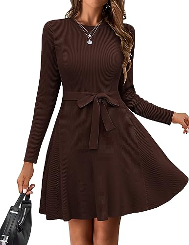 Hotouch Robe Pull Chaude Femme Manches Longues Col Rond Tricot Décontractée Ligne A avec Ceinture Élégante Mi-Longue Marron Taille XI