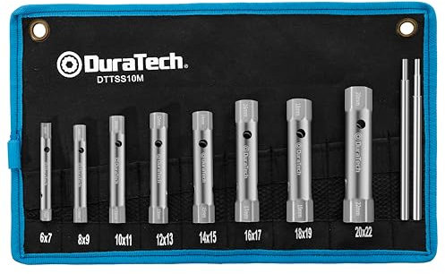 DURATECH 10-tlg Rohrsteckschlüsselsatz inkl. Drehdorn, Metrisch, 6-22 mm, Doppelsteckschlüssel-Set Mit Rolltasche für Arbeiten am Wasserhahn, Zündkerzen Installation und Reparatur