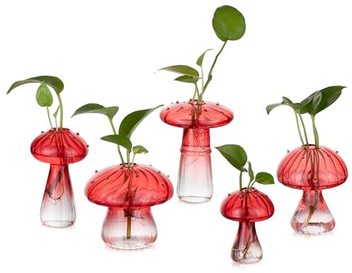 Glasseam Pilz Kleine Vasen für Deko: Cute Glas Vase Geschenk für Mama Freunde Pflanze Liebhaber - Mini Rot Blumenvase Klein Propagation Station für Home Wohnzimmer Esstisch Fensterbank
