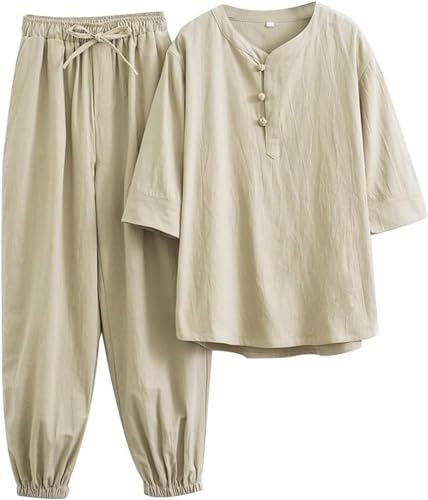 WHESAZYP Tai Chi Anzüge Tai Chi Kleidung Damen Kung Fu Uniform Baumwollleinen Kampfsport Set Kurzarmhose Zen Meditationsuniform Tang-Anzug Traditionelle chinesische Kleidung (Gelb M)