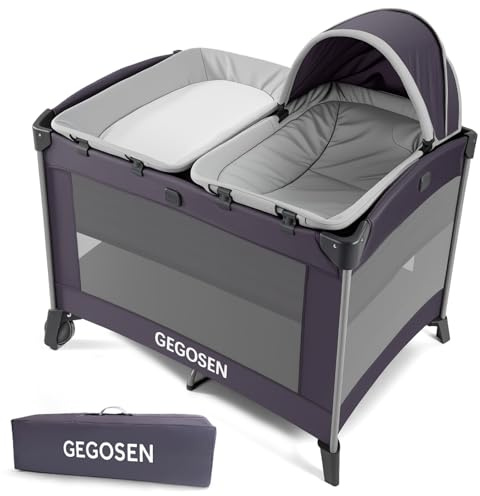GEGOSEN Portable Baby Playard 4 in 1 Design, Foldable Baby Playpen with Removable Bassinet, Canopy and Changing Table, Infant Playrad, Nursery Center Travel Crib
