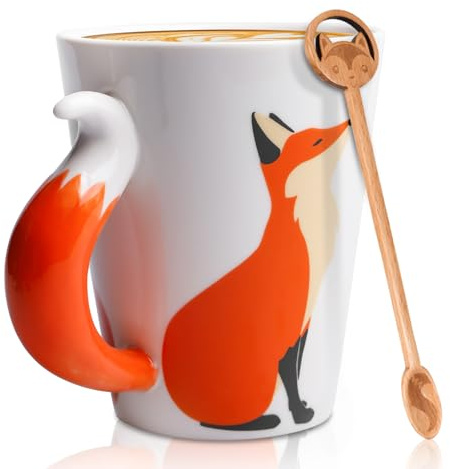 360 ml räv present med sked, slät glasyr keramik kaffekoppar räv kopp, söt 3D-mugg räv present kopp till jul födelsedag årsdag, kontor och hem
