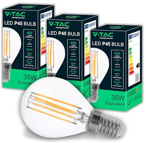 V-TAC 3x Lampadine LED Filamento P45 Attacco E14-4W (Equivalenti a 35W) - 400 Lumen - Lampadina Pallina da Golf - Massima Efficienza e Risparmio Energetico - Luce Bianca Calda 3000K
