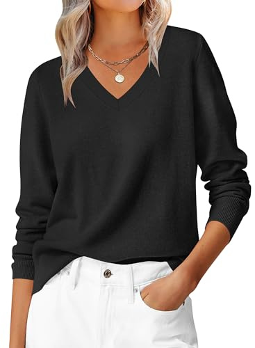 ANRABESS Womens Long Sleeve V Neck Sweaters 2025 Fall Casual Classic Soft Loose Fit Basic Pullover Jumper Top Black Medium