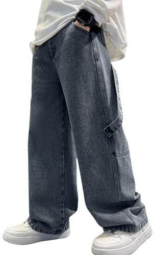 Happy Cherry - Pantalones de Mezclilla Niño Recto Pierna Ancha Vaqueros Holgados Estilo Callejero Jeans Juvenil Algodón Pantalón Suelto Cintura Elástica para Otoño Invierno - 152-158 - Gris