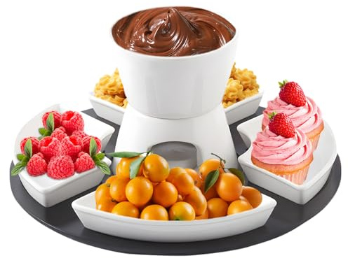 Chingcoo Lot de 4 assiettes à fondue au chocolat, en céramique, avec palette en bois, 4 assiettes, fondue au chocolat, fondue au fromage, pour bonbons, fromage, caramel