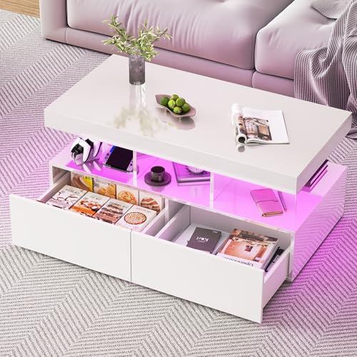 BRILVERDE mesa de centro de alto brillo, salón con LED de 16 colores y 2 cajones, sofá moderno con almacenamiento, auxiliar con 5 estantes (blanco, 104 x 53 x 46 cm)