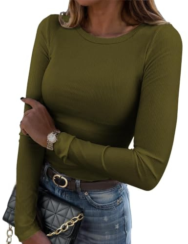 Zeagoo Camiseta Mujer Manga Larga T Shirt de Punto Acanalado Camisas Elegantes con Cuello Redondo Camisetas Ajustada Elástico Jersey para Otoño e Invierno Verde Militar S