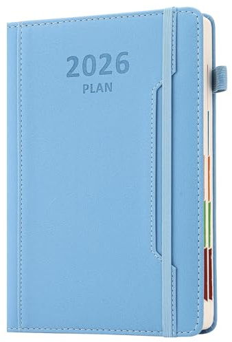 Akademisk dagbok år 2026 A5 sida om dagen, år akademisk planerare jan 2026 till dec 2026, inbunden agenda med pennhållare, framficka, färgglad månadsflik, elastisk stängning (blå)
