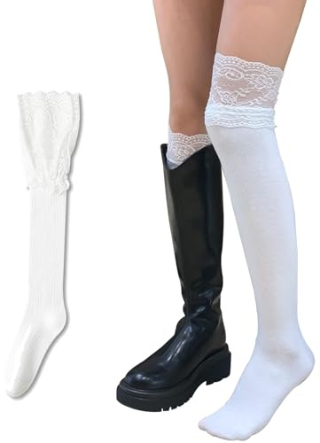 Moonlik Thigh High Lace Boot Socks Women Over the Knee White Tall Leg Warmers, Long Stockings for Autume and Winter-1 Pair