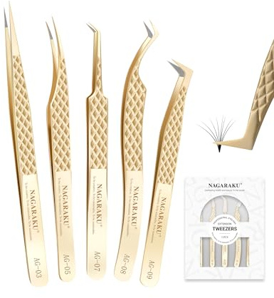 NAGARAKU Faserspitze ögonfranspincett, 5-delat set, professionell precisionspincett, raka, böjda och volymfläktspincetter, guld, rostfritt stål, precis stängning, lätt, tunn, fiber spets pincett set