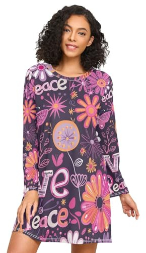 RPLIFE Camisas de dormir para mujer, diseño de flores hippie moradas, camisones de manga larga para mujer, vestido casual de casa para otoño, Flores hippie moradas, XL
