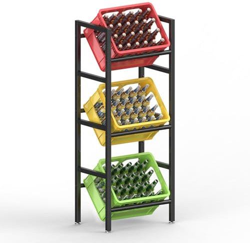Ripiano Porta Casse 3 Cassette, Scaffale di Archiviazione in Metallo Resistente per Bottiglie di Birra, Acqua, Soda, Piedi Regolabili, Ideale per Cucina, Garage, Bar, Soggiorno (3 livelli)