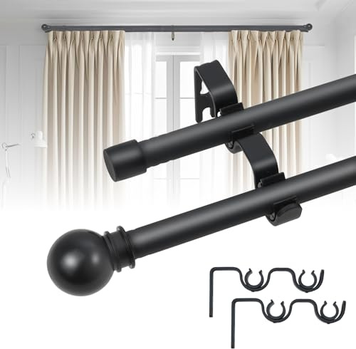 Varilla de cortina doble ajustable 78-132cm,varilla de cortina metálica negra con accesorios de montaje,compatible con cortinas de ojales/bolsillo/tracción trasera para dormitorio/sala de estar/cocina