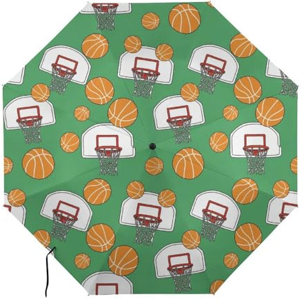 JOJOART Folding Umbrella Basketball Hoop Ball Green Auto Open Close 2 Fold Travel Umbrella Windproof Sun Protection Compact Portable for Rain UV Defense