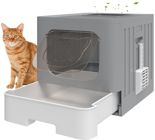 PawHut Cat Litter Tray Cat Litter Box with Lid Slide-Out Drawer Tray Grey