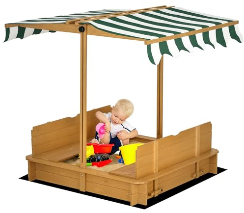 Outsunny Sandbox 106 x 106 cm per bambini con copertura regolabile in altezza, sabbiera in legno con panche schienale per esterni, giardino, terrazza, balcone