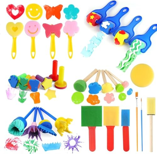 Dexpally Set di pennelli per pittura in spugna, 30 pezzi, set di pennelli per bambini, per l'educazione precoce, artigianato fai da te e pittura in ceramica