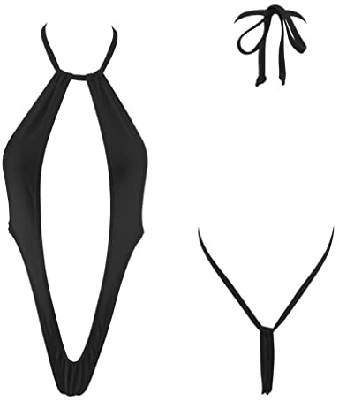 SHERRYLO Exotic Micro Mini Bikini Black Thong Swimsuit Swimwear Bathing Suit Monokini,Free Size,Black
