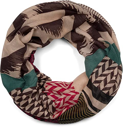 styleBREAKER Damen Loop Schal im Zick-Zack Paisley Muster Mix, Schlauchschal leicht mehrfarbig bunt, Tuch 01017145, Farbe:Weinrot-Petrol