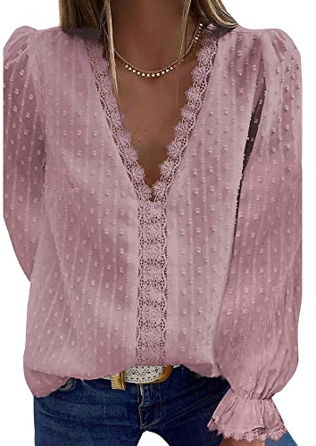 Coloody Blusa con Cuello en V para Mujer Camisa de Encaje Informal Manga Larga Túnica de Color sólido Tops(Rosa) S