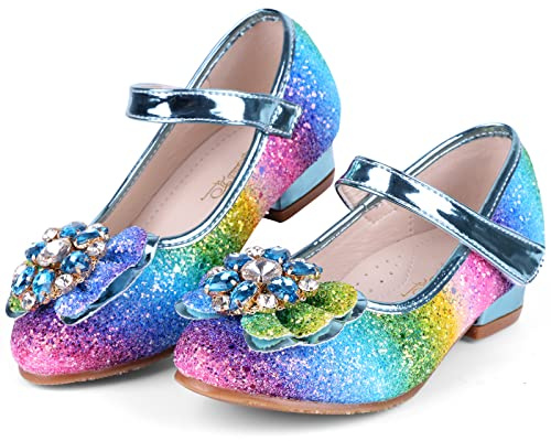 KUWIBY Girl Sandals Glitter Princess Shoes Sequin Party Shoes Bling Bowknot High Heels Wedding Birthday Dress Comfort Bright Diamond Cosplay Dance for Little Girls Christmas Multicolor Blue