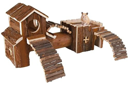 Natural Wooden Hamster Tunnel Playground Small Animal Multi-Room Hideout Houses with Climbing Ladders and Bridges for Dwarf Hamster Mice Gerbil (18.5x8.7x6in)