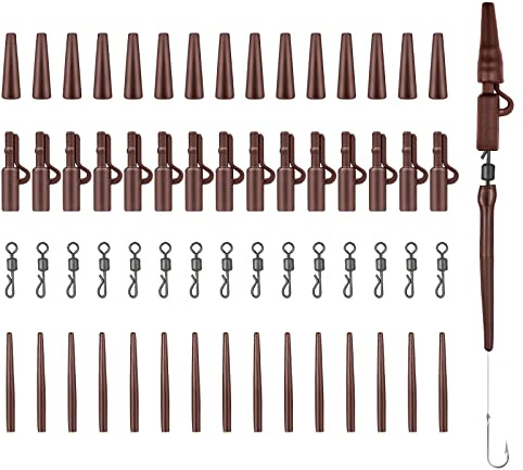 Realure Juego de 60 Accesorios de Carpa Completo Profesional con Clips de Seguridad, Mangas Antienredos, Tubos de Goma, Clips de Cambio Rápido para la Pesca de Carpas (Marrón)