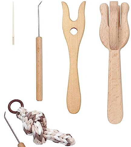 Lucet Tool | Geflochtene Holzwerkzeuge für die Teppichherstellung | Webwerkzeuge mit Big Eye Nadel, tragbare Strickgabel Set, Lucet Gabel Häkeln, Holzgabel Flechter Kit für Stricken Handwerk