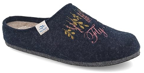 Fly Flot | Trendy Woman, Pantofole Donna Scritta, Ciabatta con Tomaia in PET Riciclato, Sottopiede Estraibile in Panno e Suola in Feltro, Blu, 38