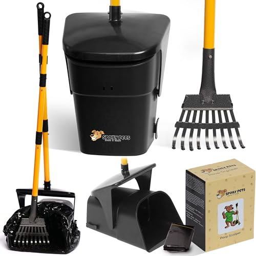 Hundekotschaufel mit Beutelbefestigung, Metall-Kotschaufel, strapazierfähig, einfache Reinigung, ergonomisches Design, Hundekotaufnehmer oben mit langem Griff und Mülltonnenrechen-Set – ultimative